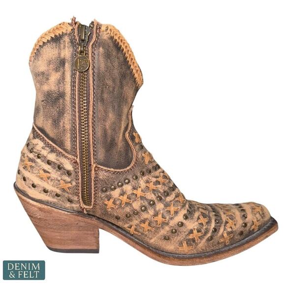 Liberty Black Vintage Canela Studded Leather Boots Brown Distressed Booties - Picture 8 of 16